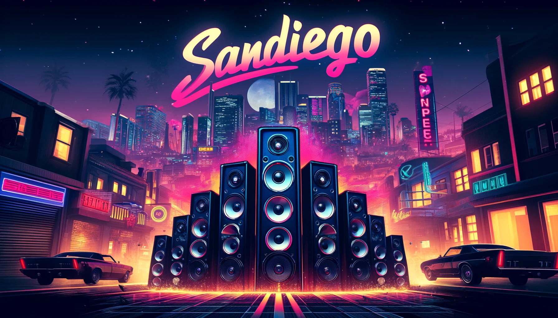 DALL·E 2024-05-04 19.46.37 - Create a full HD wallpaper in the style of a GTA V roleplay scene for a game server called 'SanDiego'. The scene includes dynamic, animated speakers o.webp