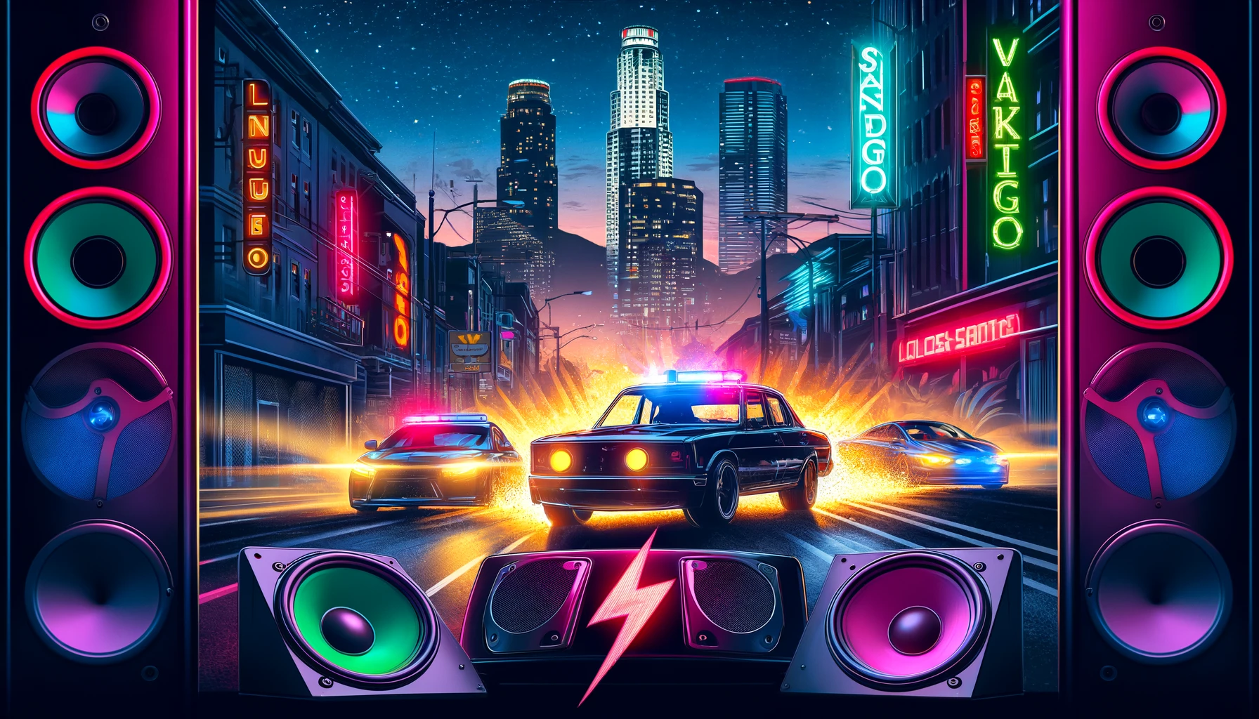 DALL·E 2024-05-04 19.51.30 - Create a full HD wallpaper featuring a dramatic night-time car chase in the style of GTA V for the game server 'SanDiego'. The scene includes neon-lit.webp