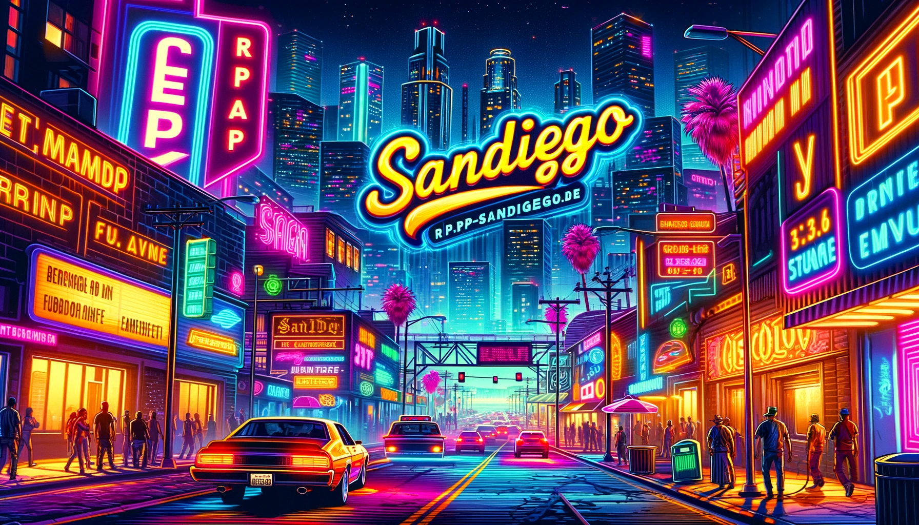 DALL·E 2024-05-04 19.53.03 - Create a full HD wallpaper in a vibrant neon style, depicting a bustling city scene at night, inspired by GTA V for the game server 'SanDiego'. The sc.webp