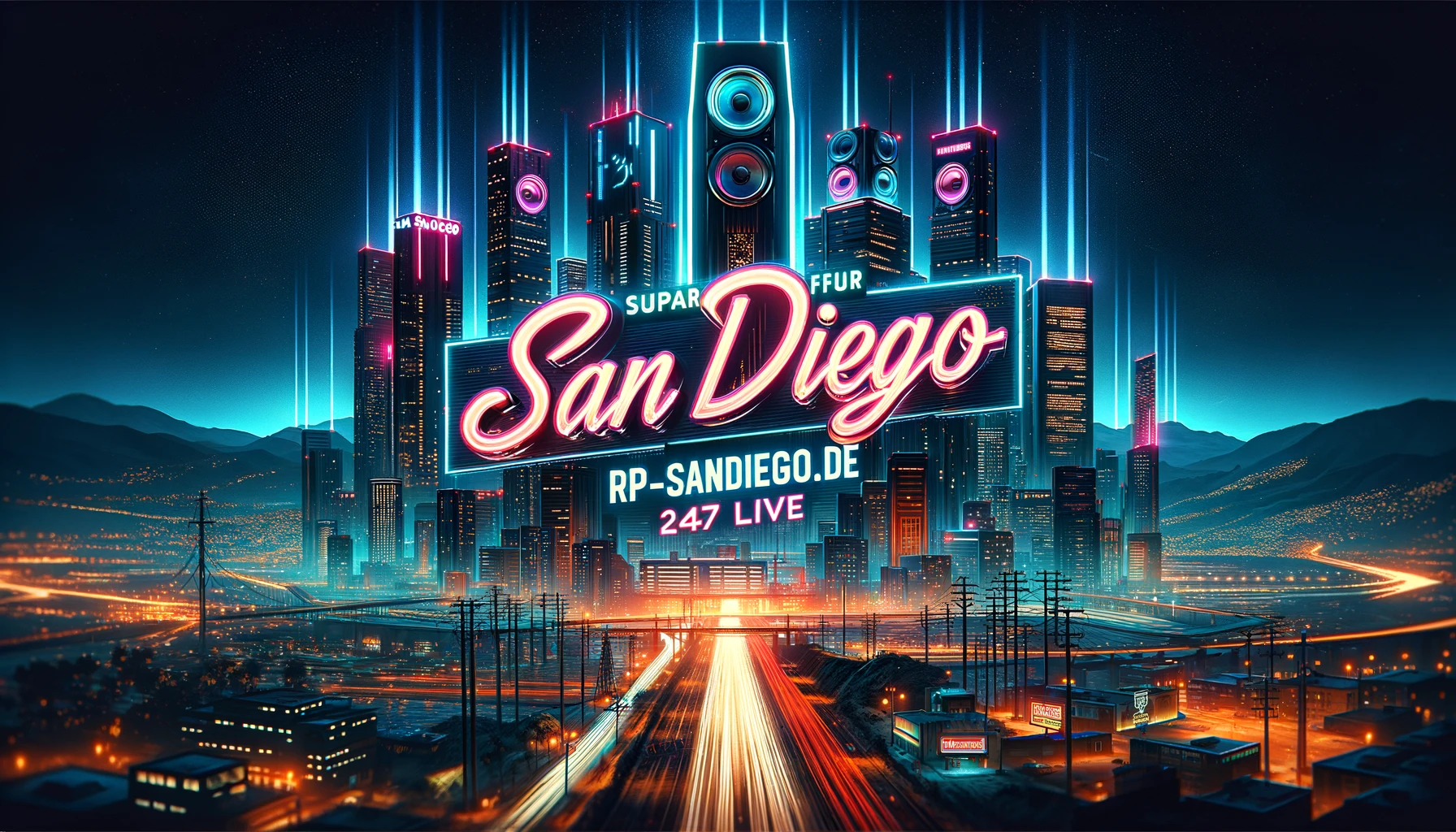 DALL·E 2024-05-04 20.11.56 - Create a superior full HD wallpaper in the style of GTA V, featuring a dramatic cityscape at night. The design should include the text 'San Diego' and.webp
