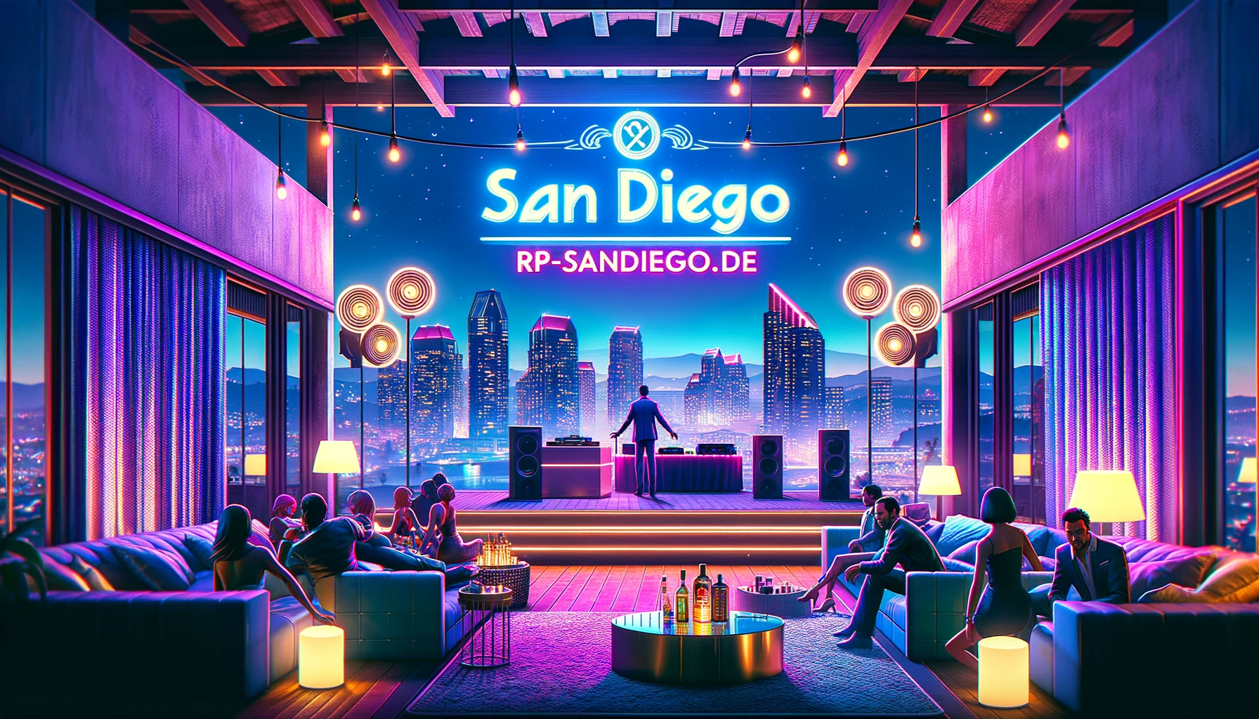 DALL·E 2024-05-04 20.28.23 - Create an exquisite full HD wallpaper in the style of GTA V, depicting an exclusive rooftop party at night. The setting includes elegant, neon-lit dec.webp