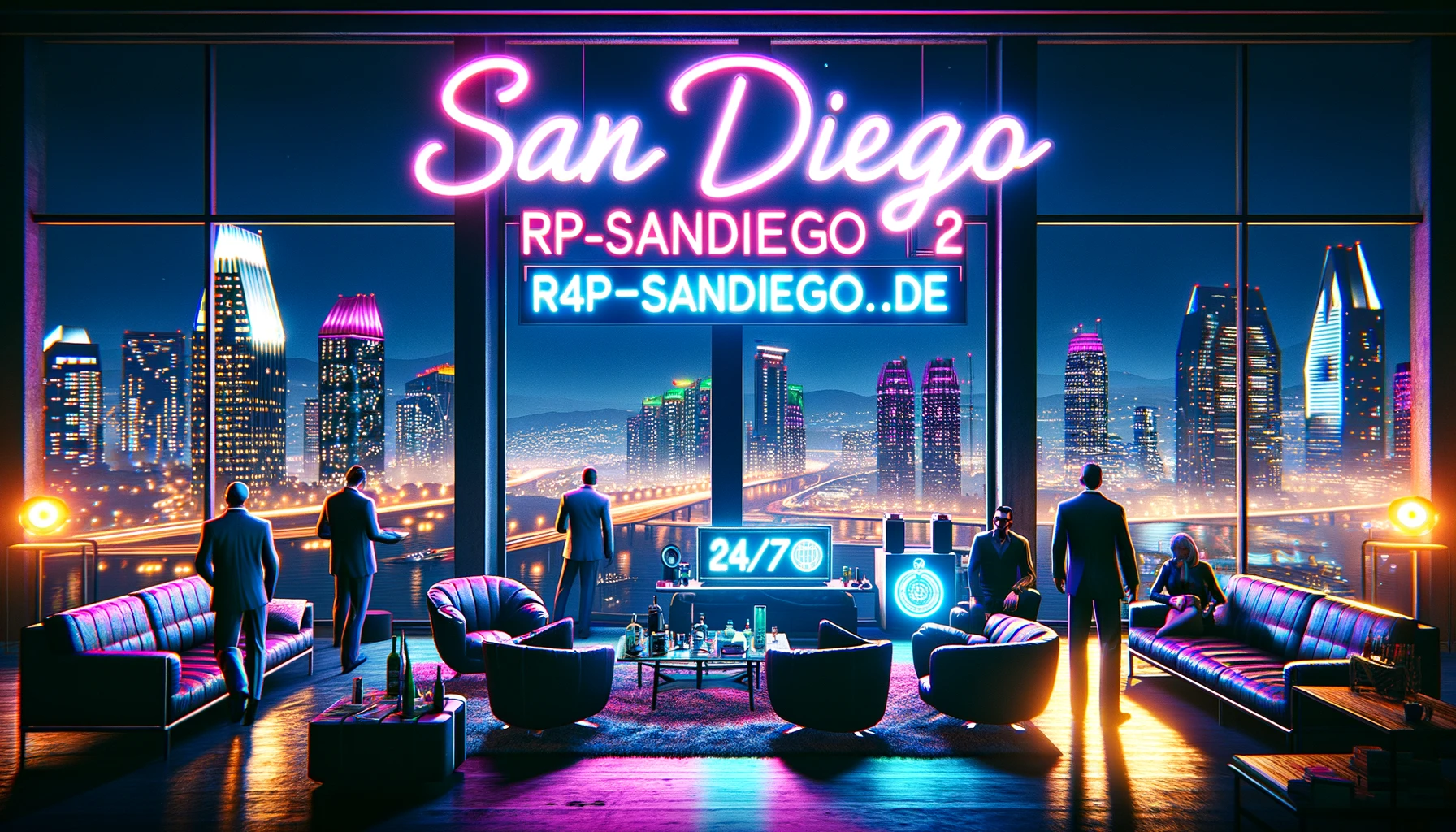 DALL·E 2024-05-04 20.44.38 - Create an enhanced full HD wallpaper in the style of GTA V, focusing on an elite criminal hideout. The scene features a luxurious penthouse with panor.webp